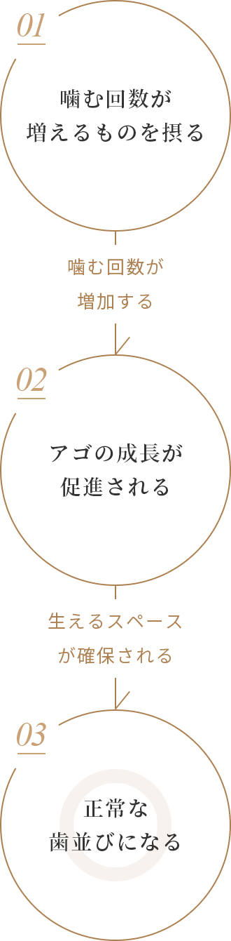 01噛む回数が増えるものを摂る→噛む回数が増加する→02アゴの成長が促進される→生えるスペースが確保される→03正常な歯並びになる