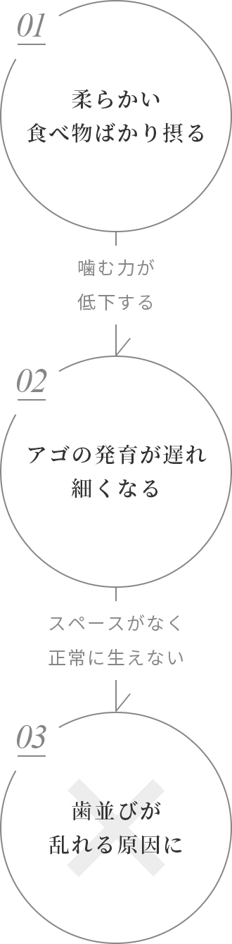 01柔らかい食べ物ばかり摂る→噛む力が低下する→02アゴの発育が遅れ細くなる→スペースがなく正常に生えない→03歯並びが乱れる原因に